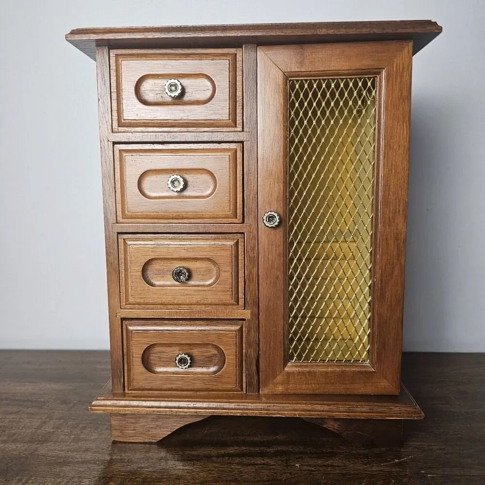 Vintage Musical Wooden Jewelry Armoire Box Gold Mesh Door Velvet Lined Necklace
